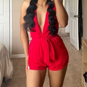DEPRI Red Backless V Plunge Romper